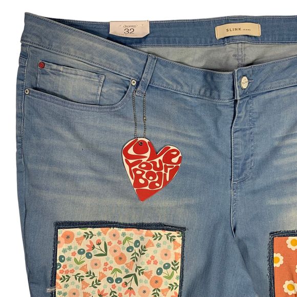 Slink Patched Boho Cropped Jeans Flower Pink Yellow Green Bee Charm Waist 56 - Picture 3 of 13